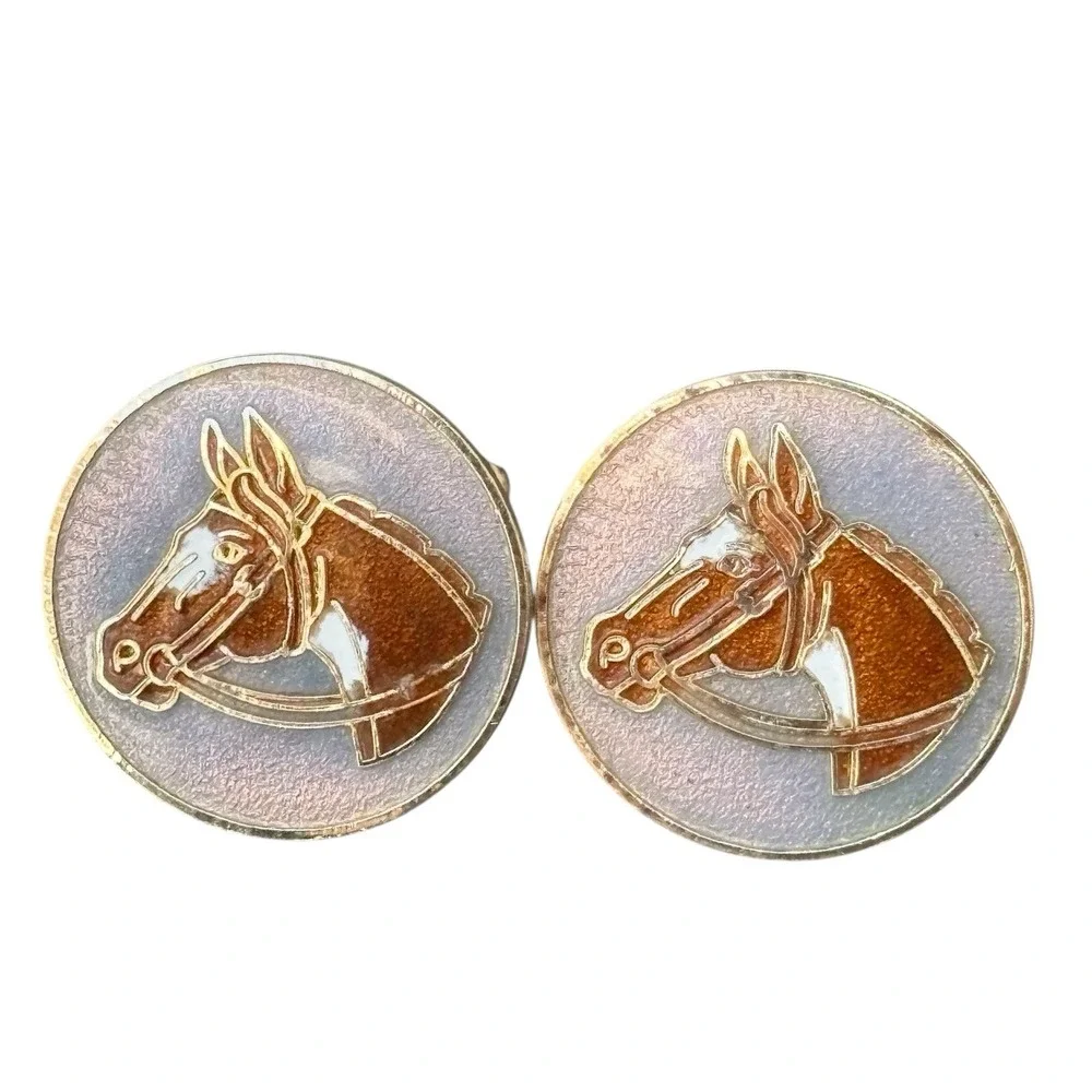 Horse Head Cufflinks Gold Tone Crackle Enamel Round Figural Brown Horse Vintage‎